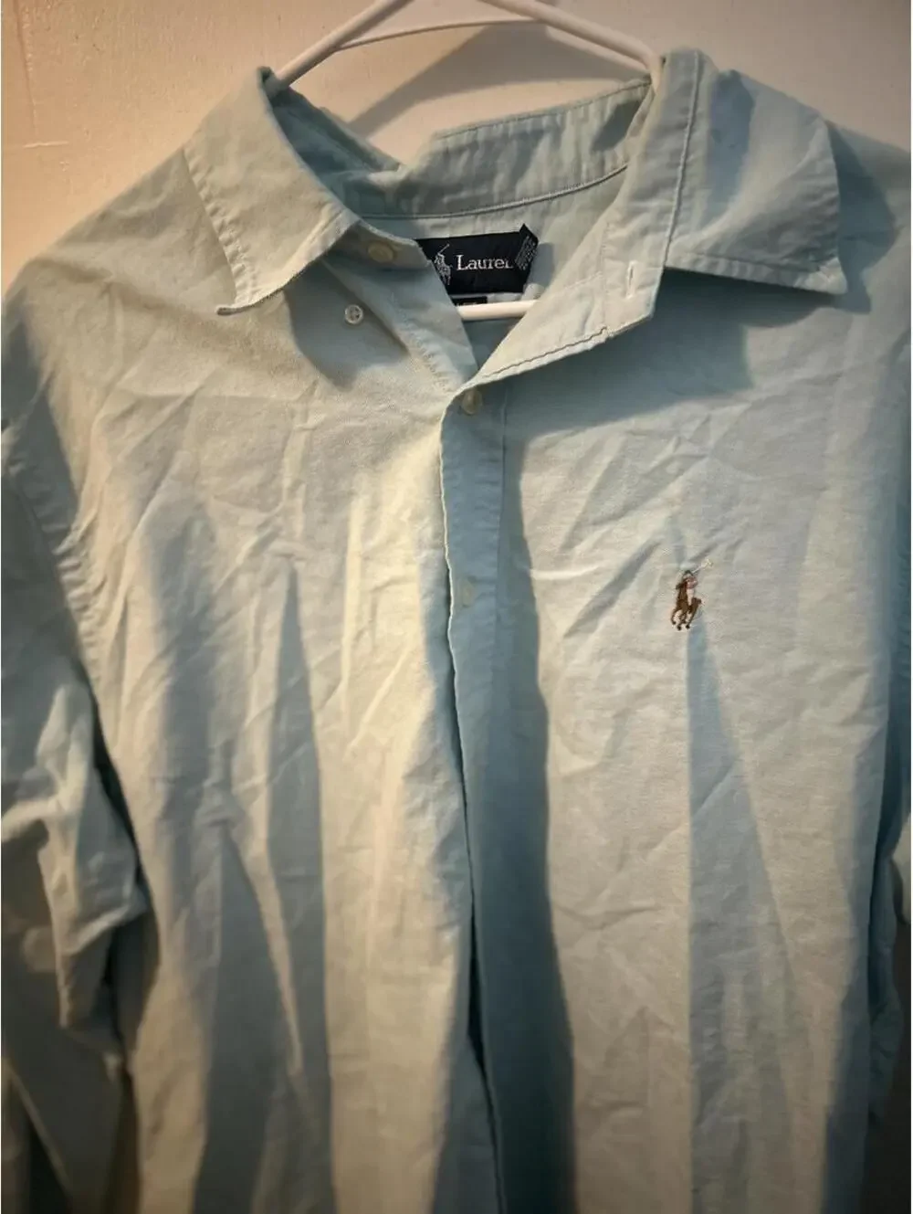 Ralph Lauren blue long sleeve polo w/ multicolor pony logo, custom fit, size XL.